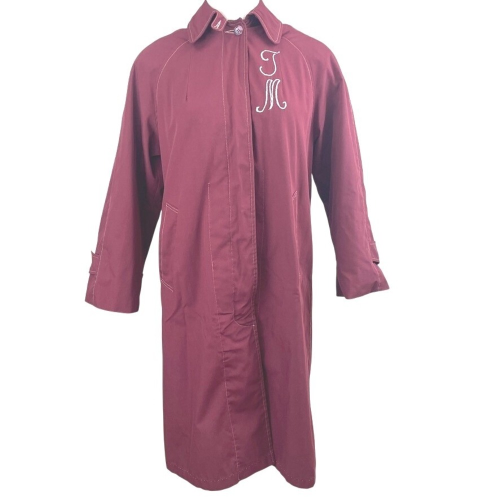 Vintage 60s Trench Coat Womens (M) Hidden Button Burgundy Pockets‎ Monogram Norm